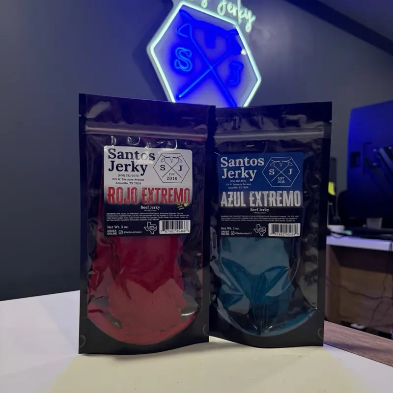 Spicy Beef Jerky Carne Seca 2-Bag Bundle - Santos Chili Infused Dried Snacks, 1 Rojo Extremo, 1 Azul Extremo, Adults Snacks, Carne Seca Spicy Jerky