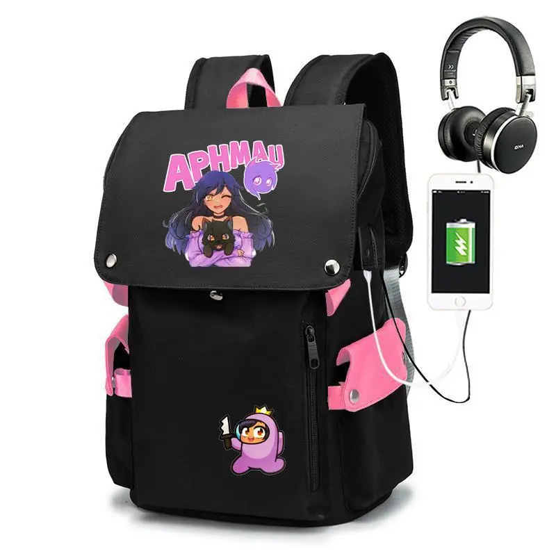 Aphmau Cartoon Two-Tone Flap Backpack, Girls Black Pink Oxford Backpack With USB Charging & Headphone Port