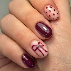 24pcs Short Oval Sweet Cool Press On Nail Tips, Wine Solid Color & Polka Dot Bow Design, Easy Stick Remove Waterproof Durable, Women Daily Wear