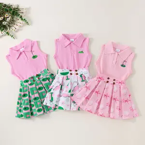 Imcute Kids Toddler Baby Girl Sports Outfits sleeveless Lapel Tops Tennis Golf Pattern Mini A Line Skirt Cute 2Pcs Clothes Set 6M-4Y