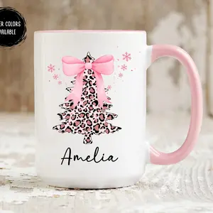Christmas Tree Bow Mug, Custom Coquette Pink Mugs, Personalized Mugs Christmas Gifts, Christmas Name Mugs, Work Bestie Gift, Bow Cup Bow Mug 