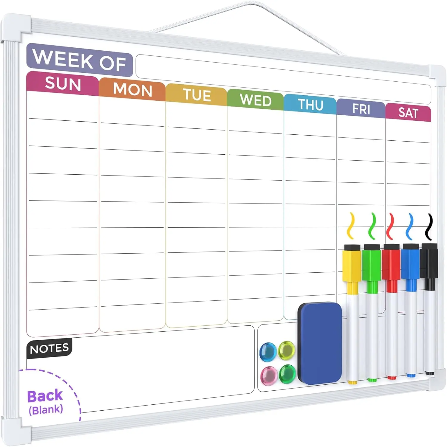 MaxGear Weekly Dry Erase Calendar Board, 16"x12" Double-Sided Magnetic Whiteboard - Portable Fridge Locker Homeschool Organizer, Hanging Rope Design, Easy to Store and Carry, 5 Markers, 4 Magnets