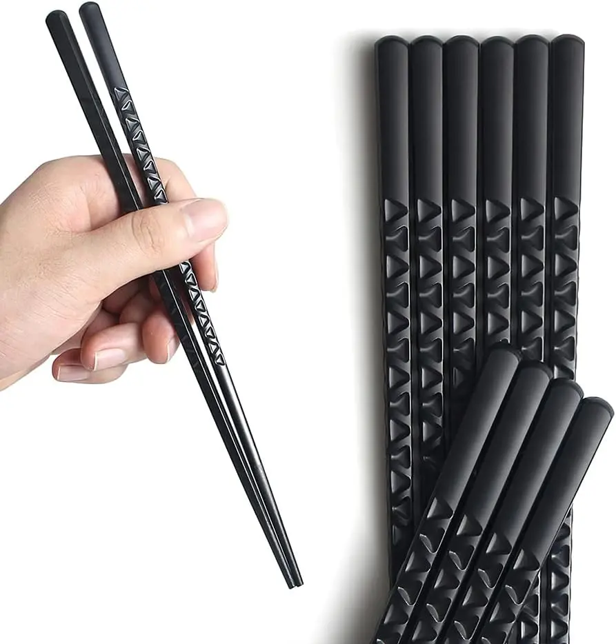 Thick BPA-Free Food-Grade Fiberglass Japanese Chopsticks Set (Black) - 5-Pair Reusable Ergonomic Cutlery for Kitchen, Restaurant, Ramen Bowls, 9.6in Square Handle, Textured Non-Slip Tips, Dishwasher Safe, Heat Resistant, Eco-Friendly Home Tableware