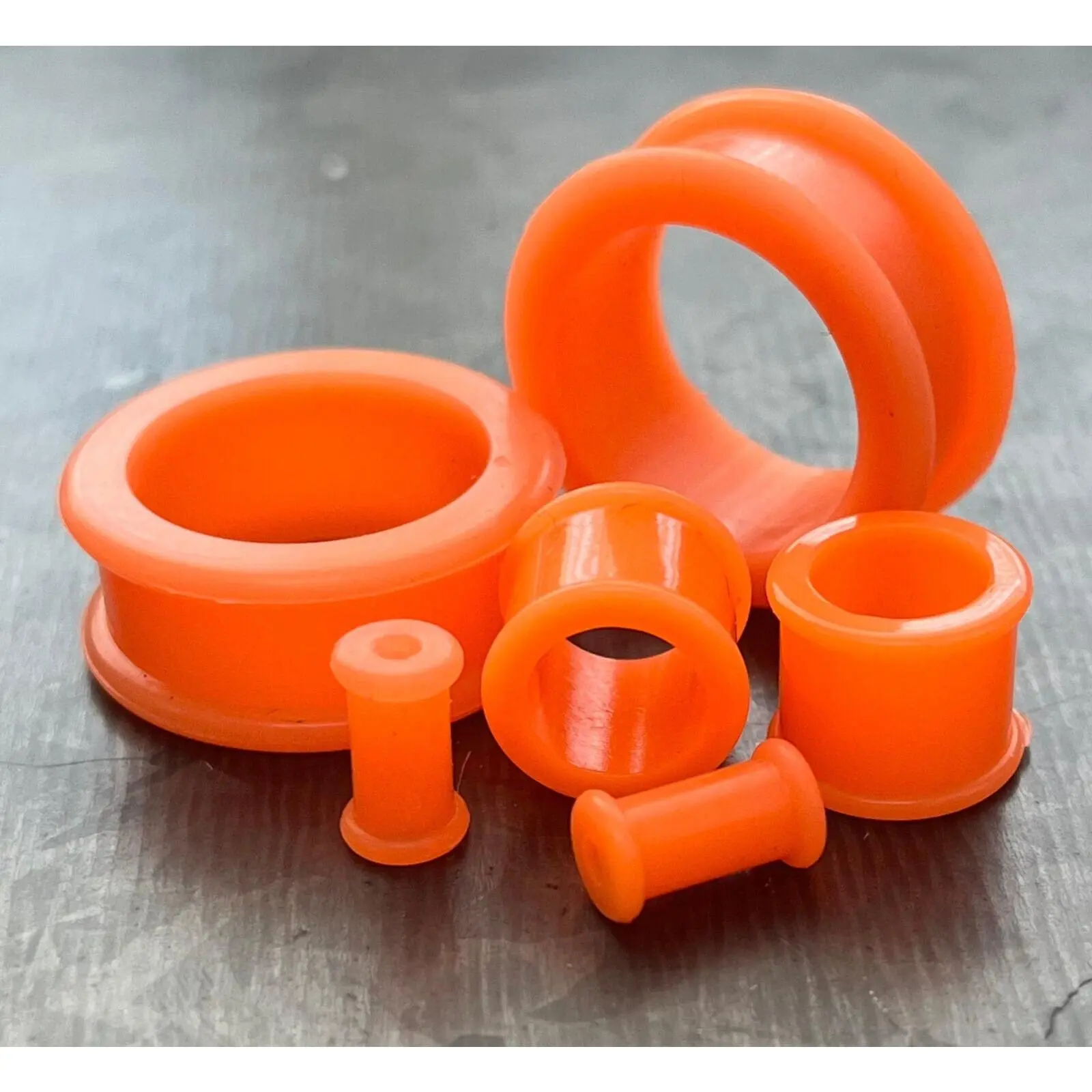 PAIR of Bright Orange Silicone Double Flare Tunnels - Gauges 6g (4mm) up to 1" (25mm)