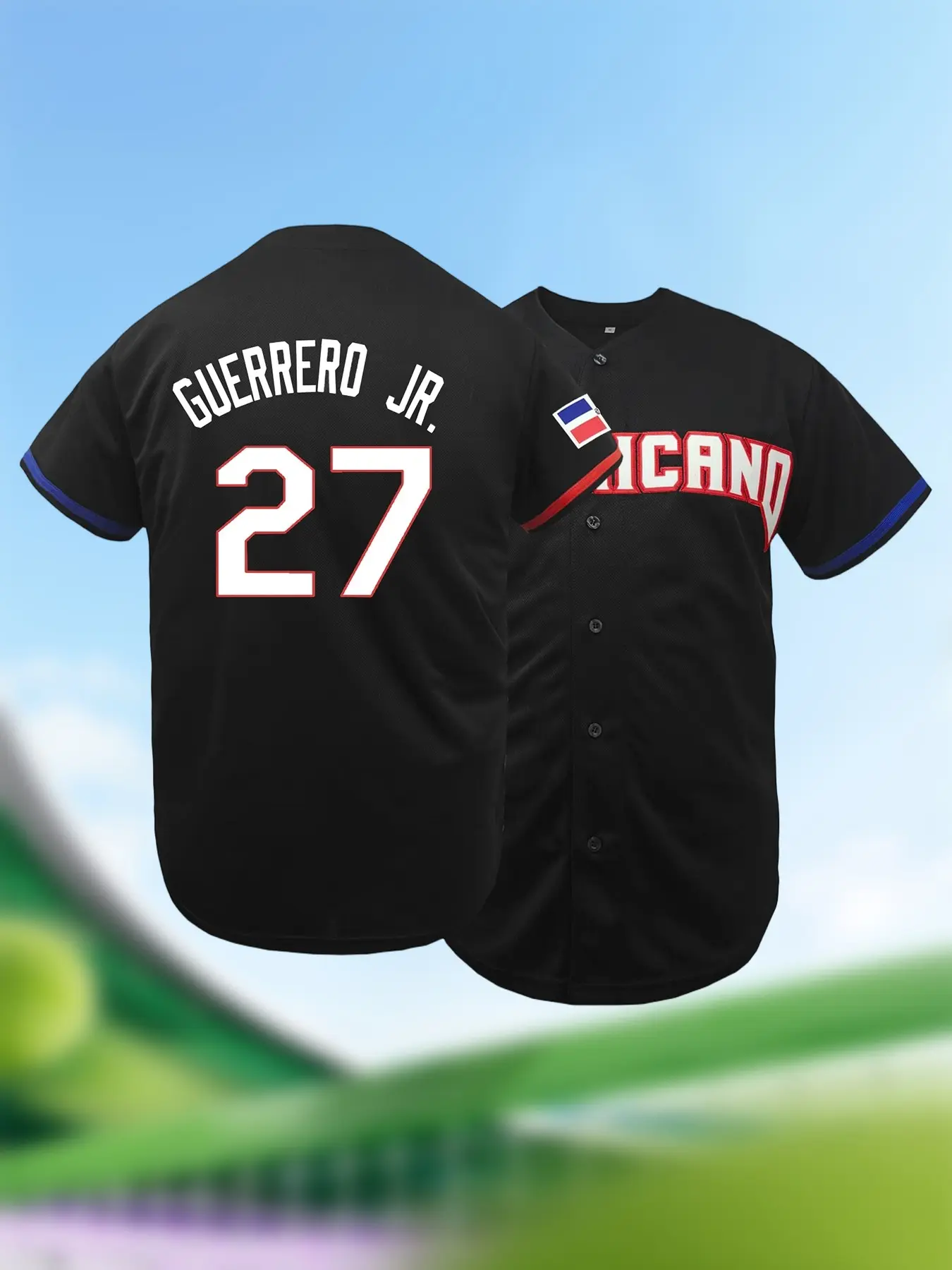 Dominicana #27 Men's Letter & Figure Stitched Contrast Binding Short Sleeve Baseball Jersey, Soccer Jerseys, Embroidery Sportswear, Loose Casual Button Front Baseball Top, Sportswear Top for Training & Competition