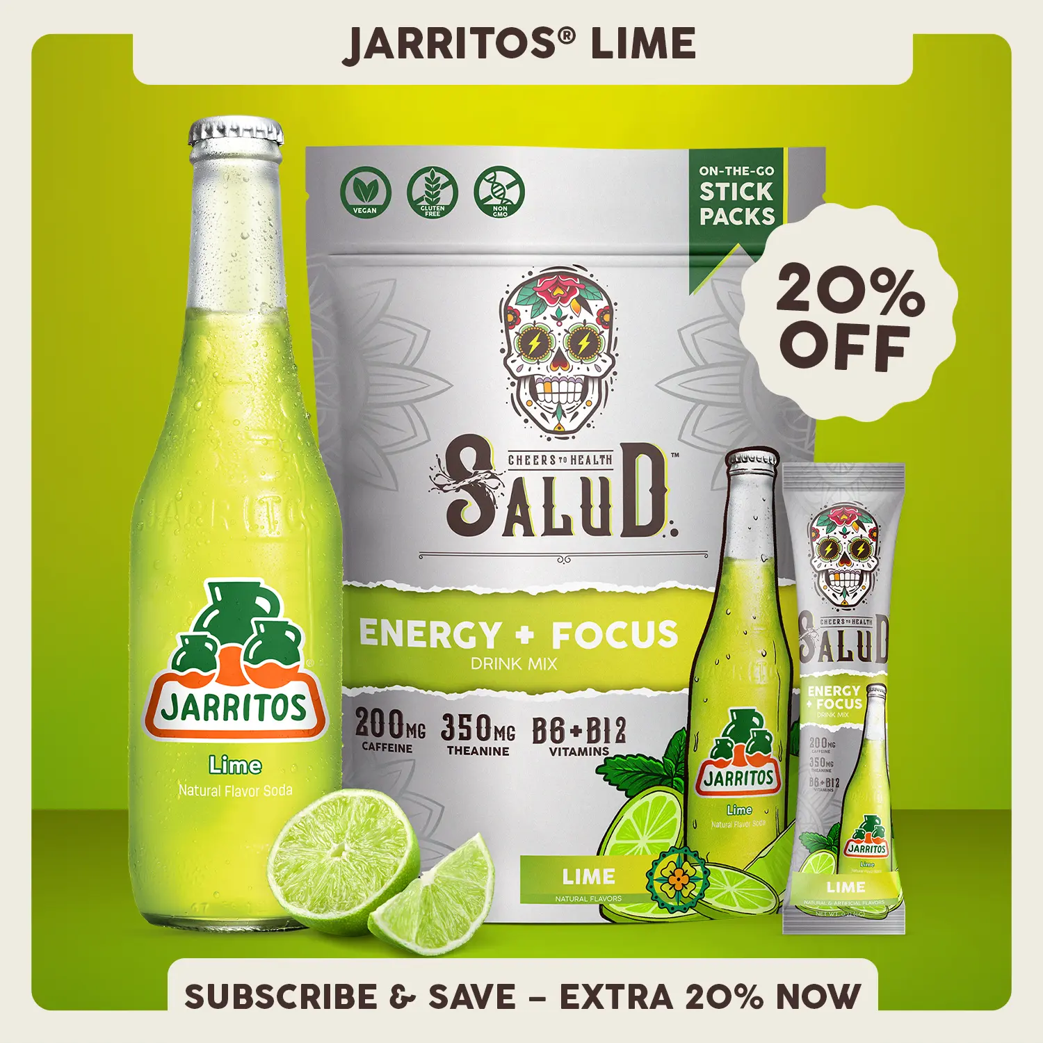 Salud x Jarritos 2-in-1 [Energy + Focus – Lime] Clean Energy Drink Mix, Agua Fresca, Organic Caffeine, B6 & B12, L-Theanine, Drink Packets, Non-GMO, Gluten Free, Vegan, Low Calorie, 1g Sugar (15 Servings)