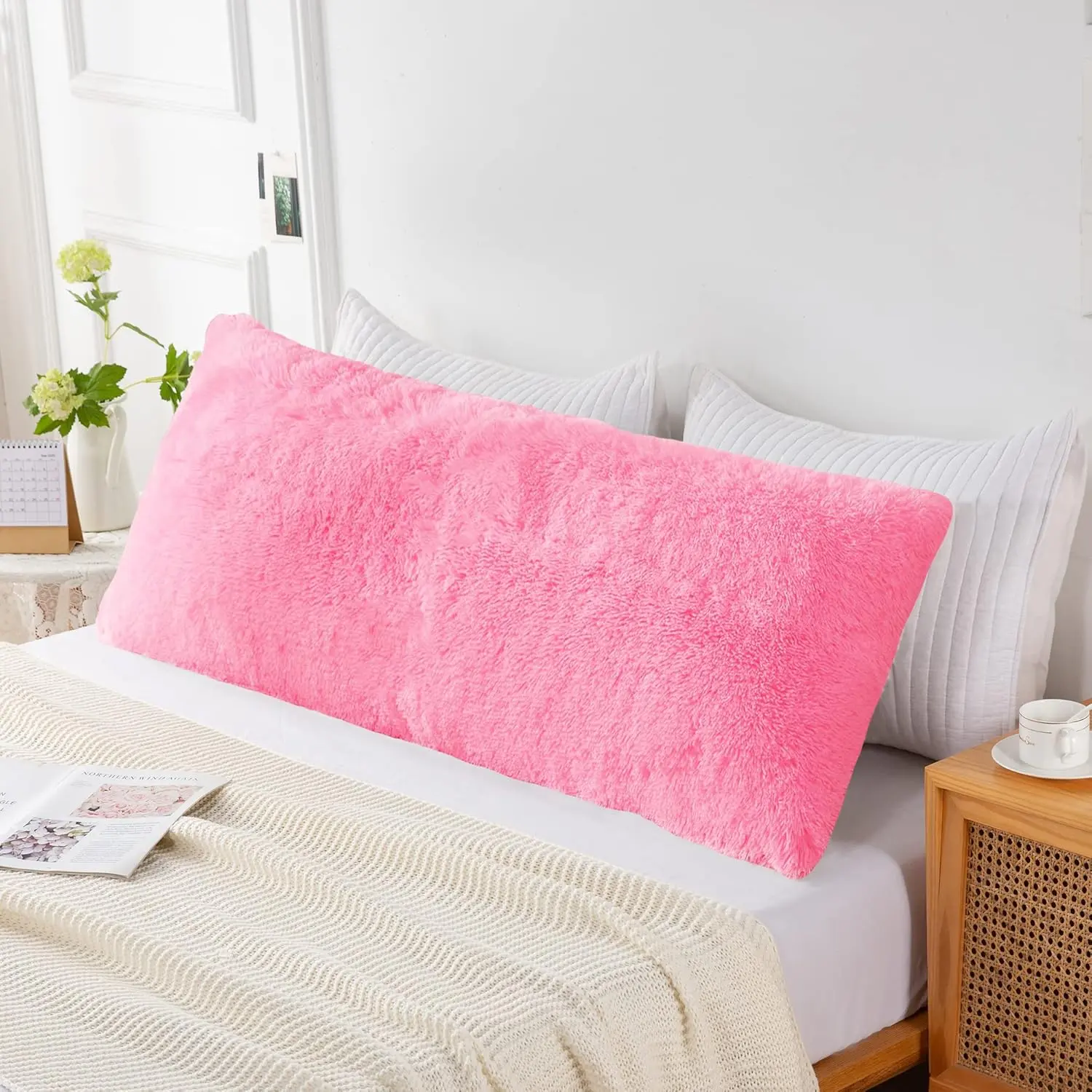 Faux  Fluffy  Pillow Cover with Zipper, 21x54 Plush Sherpa Long Throw Pillow Case, Soft Plush Fuzzy Pillow Cover for Women  Side Sleeper Bedding Pillowcase-Light Pink