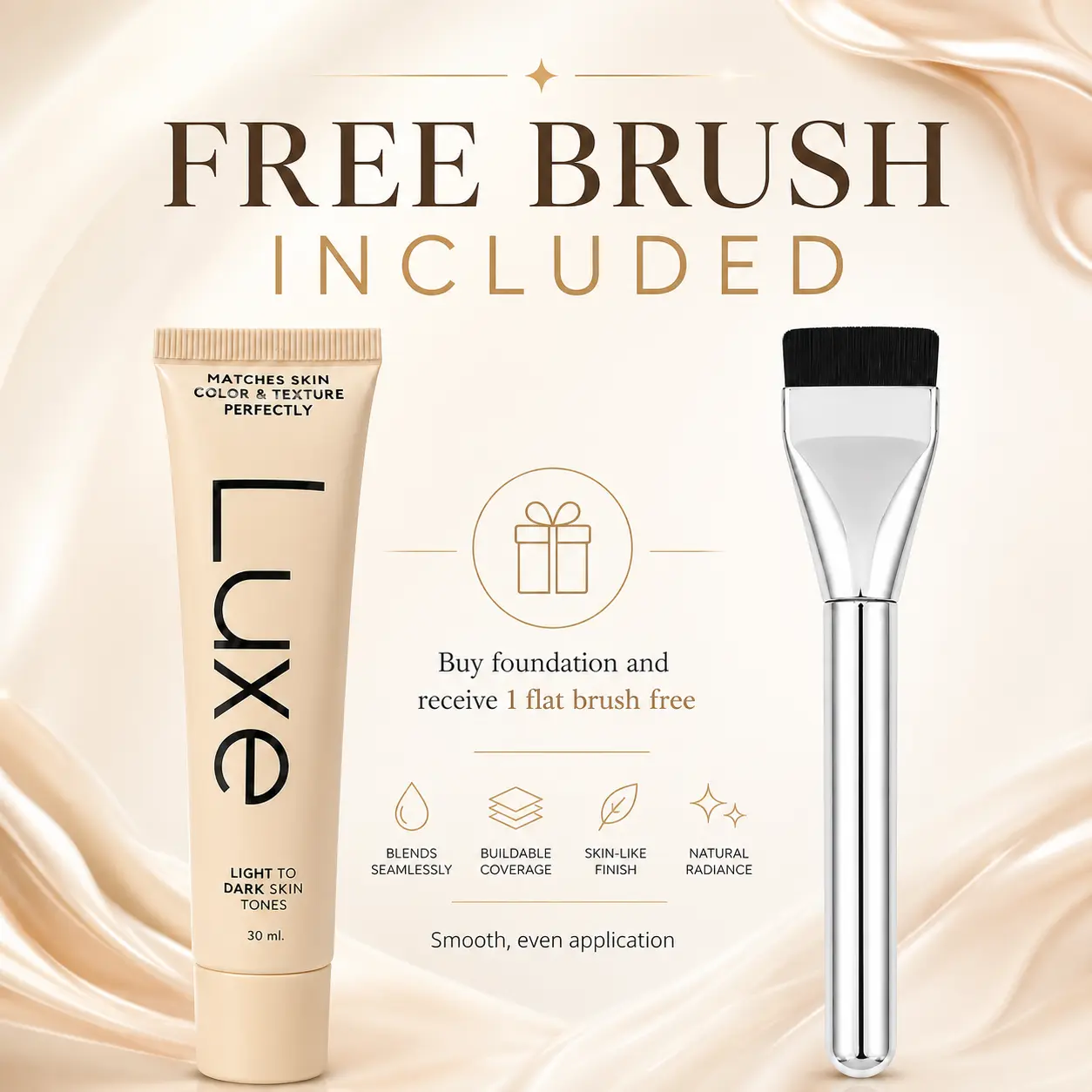 Color-Adapting Foundation with Free Flat Foundation Brush, Lightweight Cream Formula, Smooth Blendable Coverage for Everyday Makeup, 30ml