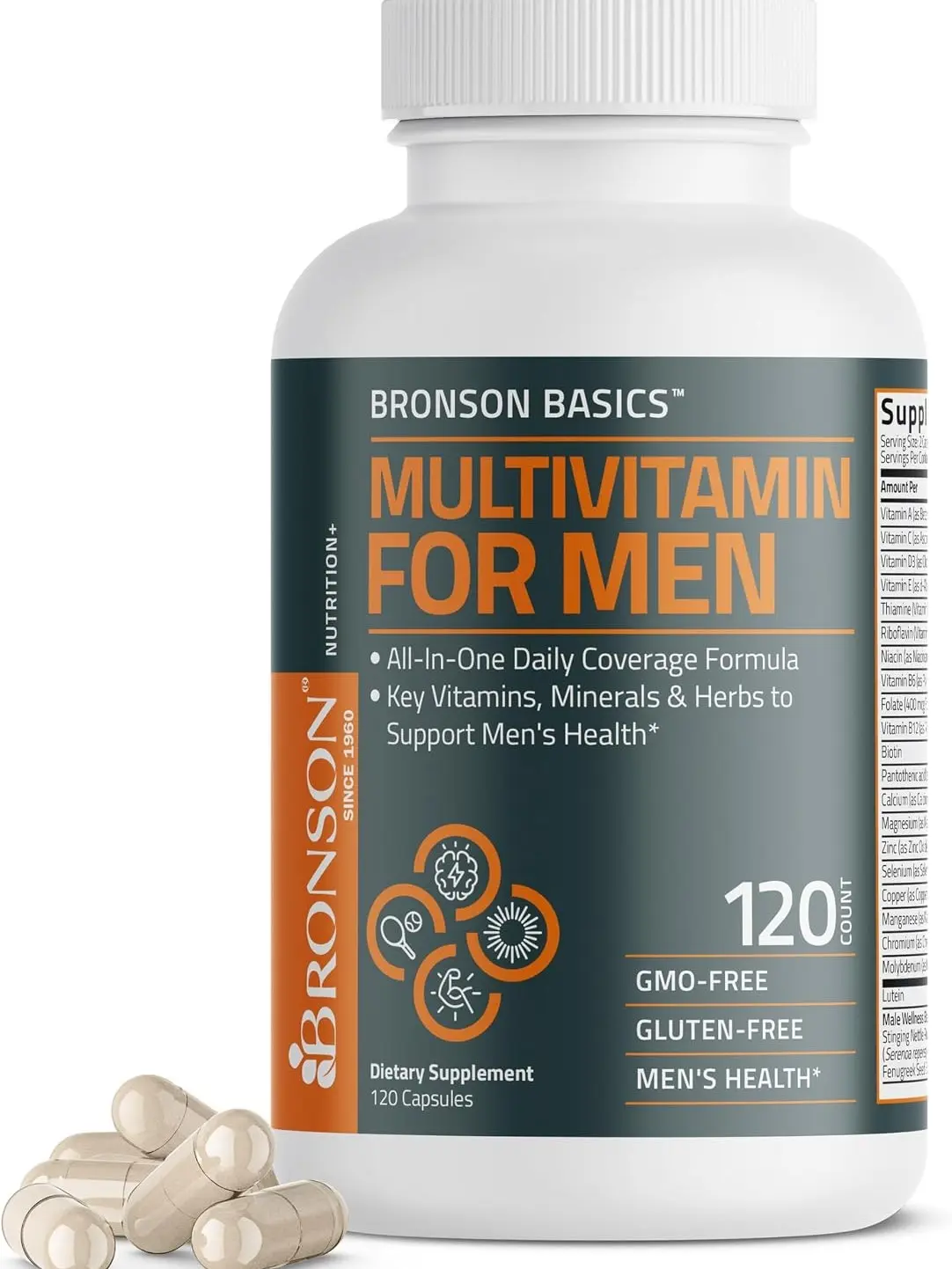 Bronson Multivitamin for Men All-in-One Daily Coverage, 120 Capsules | Once-Daily Men's Wellness Formula with Immune, Focus & Energy Support, Ashwagandha & Saw Palmetto, Non-GMO & Gluten-Free