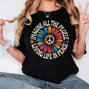 【FathersDayGift】Peace Sign Floral Daisy Graphic T-Shirt Hippie Boho Style Retro Peace Shirt