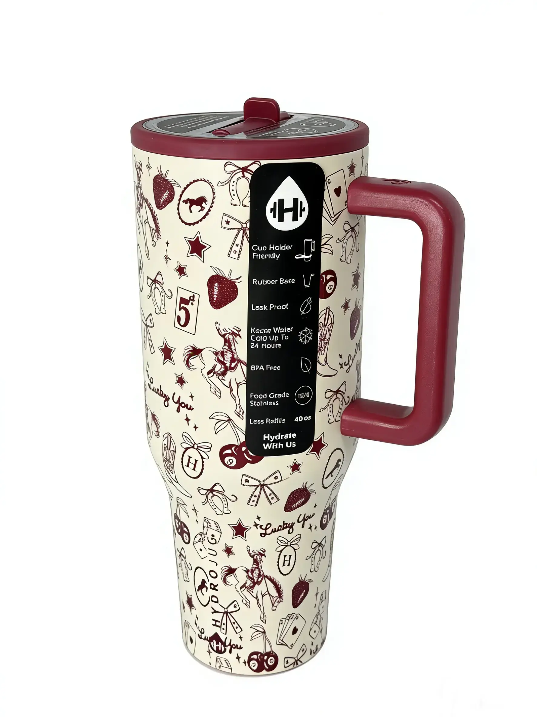 Hydro Style 40oz Lucky You Cowgirl Stainless Steel Insulated Tumbler with Handle, Leakproof Straw Lid - Aesthetic Western-Themed Portable Cold Beverage Drinkware, Beach Gift for Western Lovers (Home Supplies Storage Bottle)