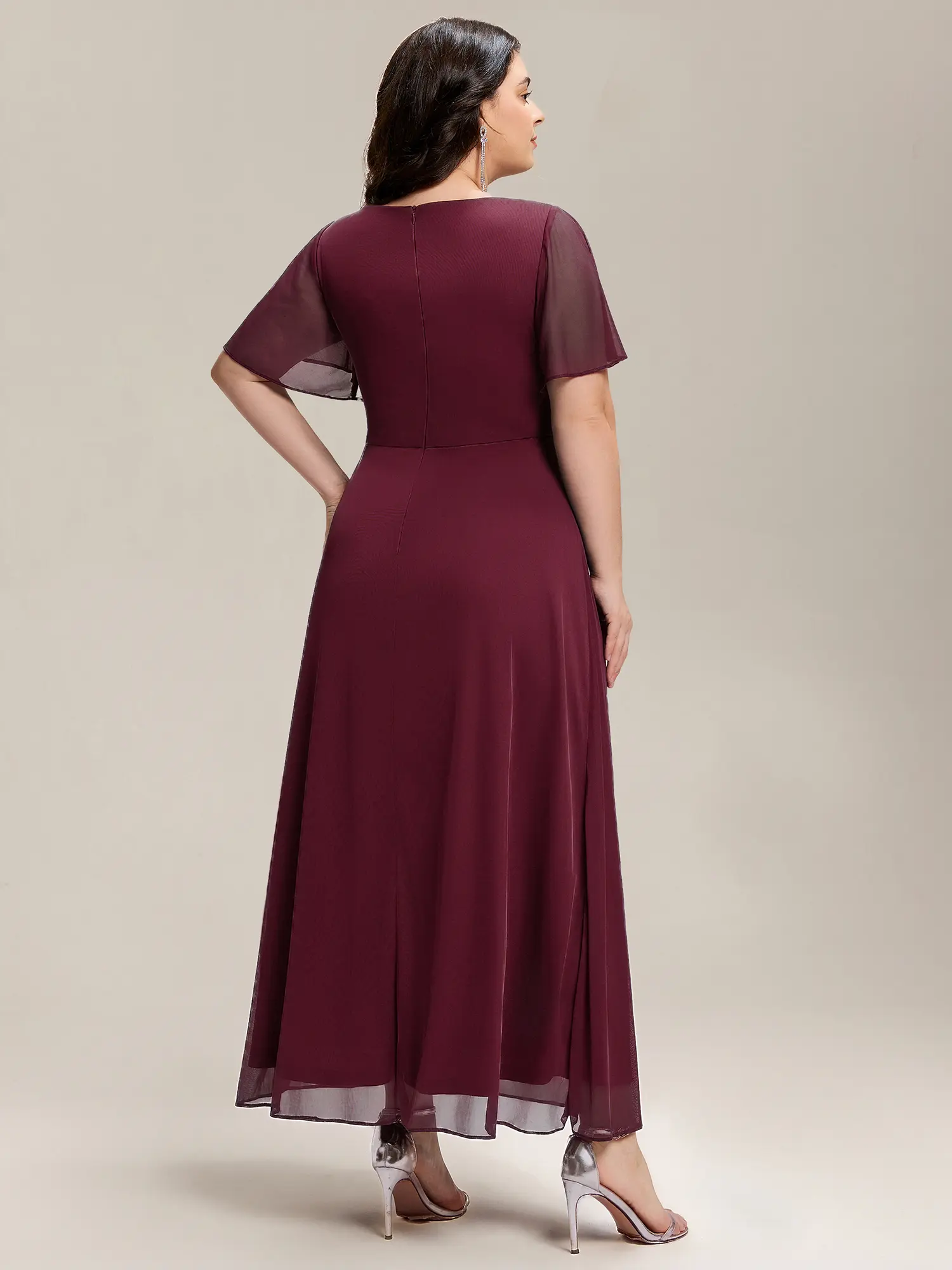 open lace back dress Stylish V Neck High Low Chiffon Evening Party Dress