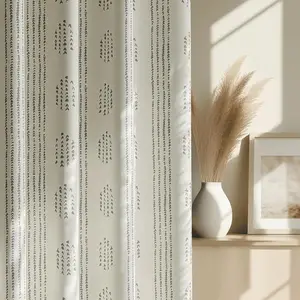 Boho Blackout Curtains 63 Inches Long for Bedroom, Grey on Beige Patterned Bohemian Curtains for Living Room, Geometric Striped Thermal Insulated Window Drapes Gromment Top 2 Panels