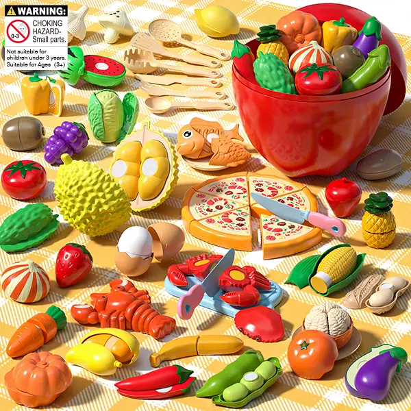 AIBEIQITOY Kids' Pretend Cooking Set - 44PCS Interactive Sensory Food with Pizza, Seafood, Durian, Crab Legs, Kids Safe Food, Play Kitchen Accessories & Storage Basket for Toddlers Ages 3+