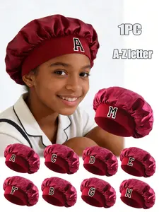 Burgundy Kids Satin Sleep Bonnet With A-Z Custom Embroidery, Silk-Like Hair Care Cap For Girls, Haircare, Soft Breathable Night Hat With Elastic Band, Anti-Frizz Sleeping Headwear For Toddler, Hair Wrap For Daily & Photoshoot