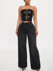 Unpredictable Cuffed Wide Leg Jeans - Black Wash