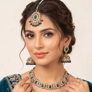 Ananya Premium Polki Elegant Lightweight 3-Pieces Jewelry Set - Lightweight Necklace, Earrings & Maang Tikka with Bead Accents for Weddings & Festive Occasions