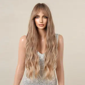 Tavi-DWY Long-length Water Wave Brown Gradient Glueless Synthetic Wig for Women 28 Inches