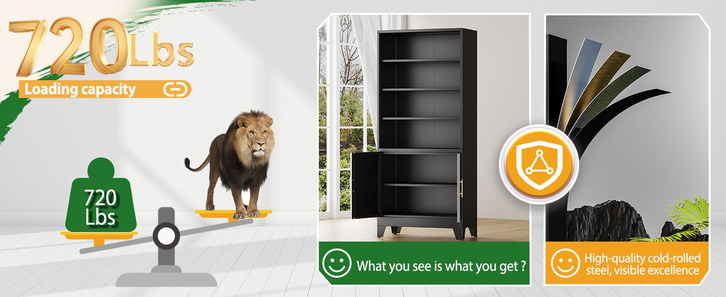 71" Tall White Metal Storage Cabinet – 4 Adjustable Shelves + Doors – Bookcase for Study, Office, Bedroom