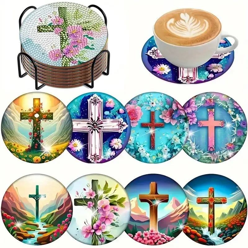 8-Piece Diamond Painting Set with Stand, Cross Flower Theme Coasters, Sparkling Diy Diamond Art Wooden Mosaic Handmade Craft Kit, Diamond Painting Kits
