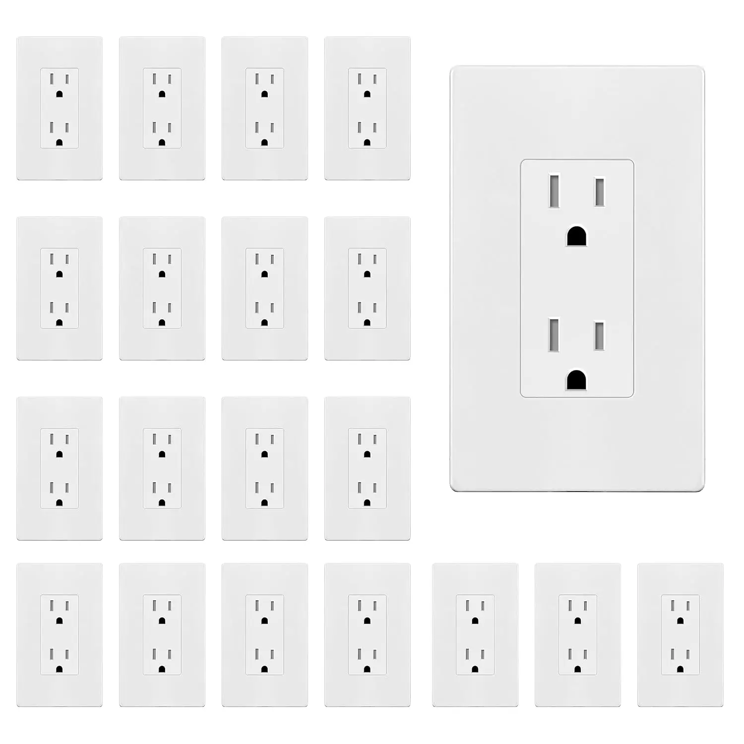 Decorator Outlet 20 Pack, 15A Standard Electrical Wall Receptacle| with Screwless Wall Plate, Tamper Resistant, UL Listed, Self-Grounding, Residential Outlets for Home, 5-15R, Glossy White