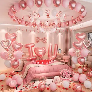 I Love You for Her/Him Balloons 87pcs Light Pink and White Rose Gold Balloon kit Include Heart Shaped Balloons and 400pcs Red Artificial Rose Petals for Romantic Hotel Decoration Valentines Party Kit