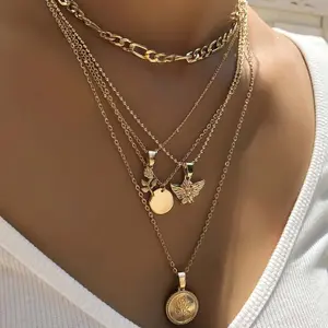 Women's Gold Choker Angel Portrait Rose Flower Multi-Pendant Layered Necklace Set - Artificial Gemstone Jewelry, Daily Wear Necklace, Ideal Birthday Gift Accessory