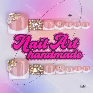 Y2K Style Handmade Nail Art Set, 14 Pieces, XS-S-M-L Sizes, Silver Color Beads, French Design, Perfect for Parties, Gifts for Women, Nail Art Accessories