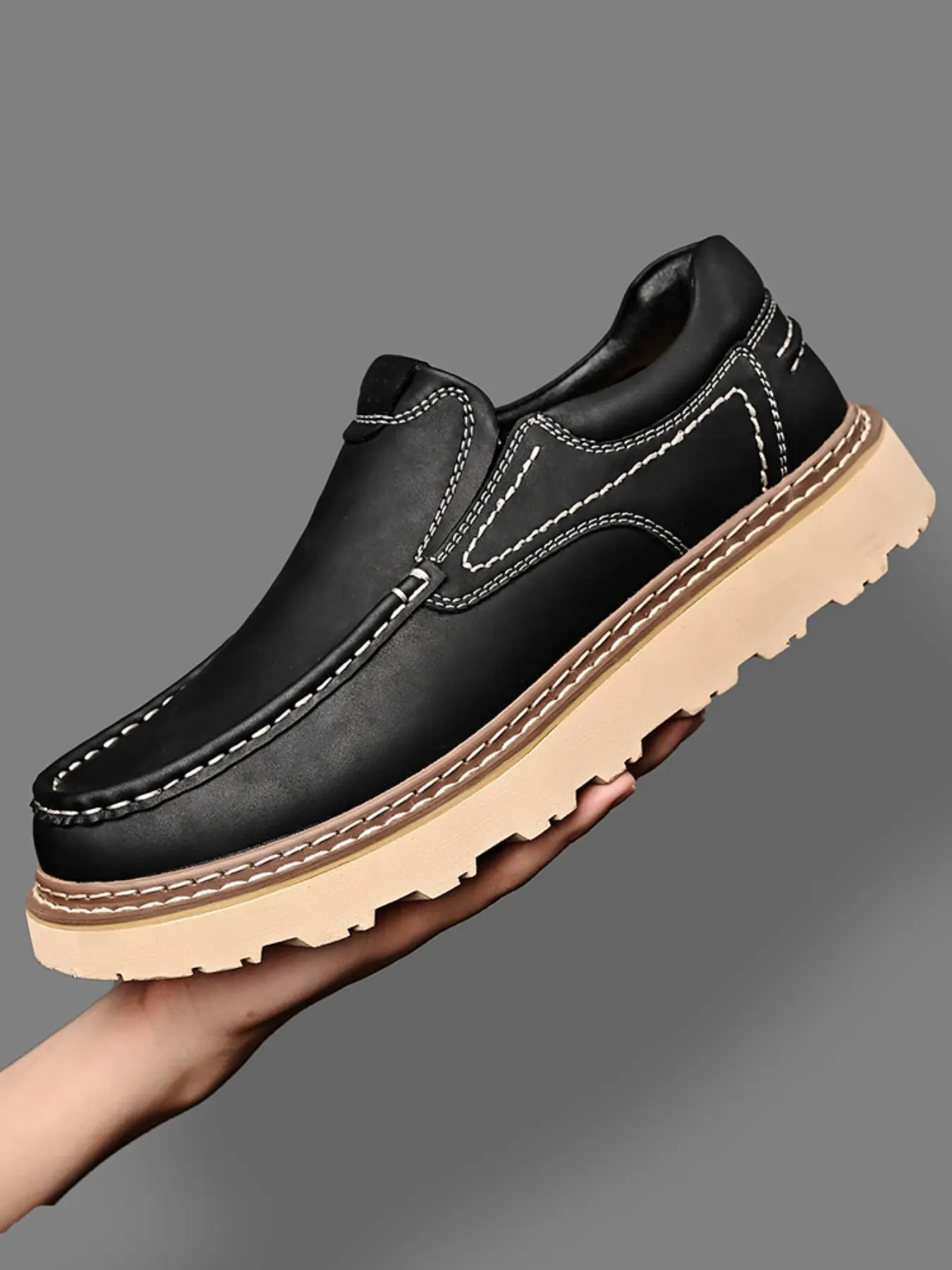 Men's Handmade Low Top Casual Leather Shoes, Casual Daily Shoes, Breathable Comfortable High Elasticity, Slip Resistant Wear-Resistant Thick Sole, All Seasons
