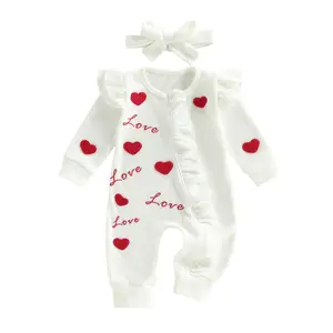 Baby Girls Valentines Day Pajamas Romper Bodysuit Long Sleeve Love Heart Ruffled Waffle Zipper Jumpsuit Newborn Coming Home Outfit