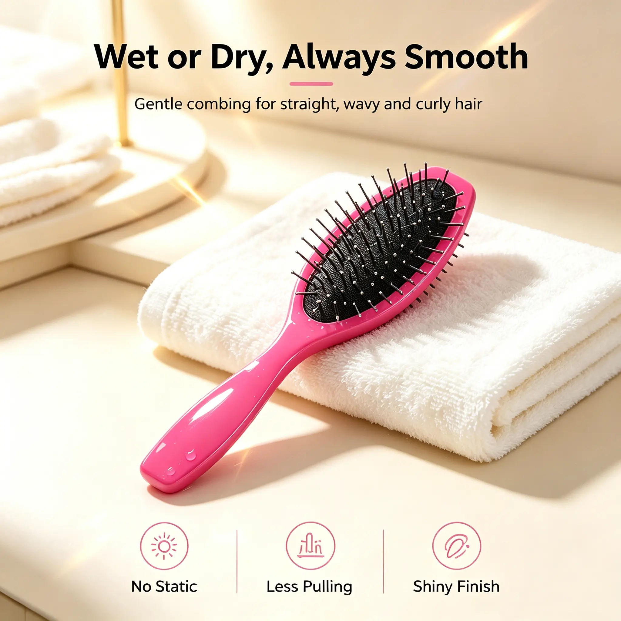 NEWTRESS Hot Pink Anti-Static Metal Pin Hair Cushion Brush Soft Round Tip Steel Wire Detangling Comb Wet Dry Use Portable Travel Hair Brush for Wigs & Natural Curly Straight Hair Brush for Daily Styling