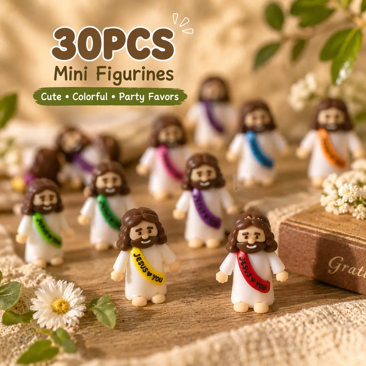 30 Pack Vibrant Mini Jesus Rubber Figures, Jesus Loves You Hide-and-Seek Toys, Religious Decor & Gifts for Baptism, Sunday School and Christmas Party Favors