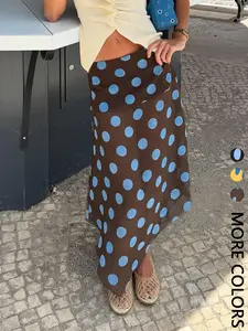 1-Piece Spring & Summer Brown Blue Polka Dot Chiffon Midi Skirt - Asymmetrical Hem Retro Style for Daily Wear and Vacation Outings