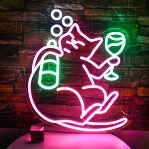 Cat Wine Glass LED Wall Mounted Light, USB Powered Dimmable Home Decor Lamp Neon Sign for Bar, Club, Hotel, Party, Wall Window Decoration Gift