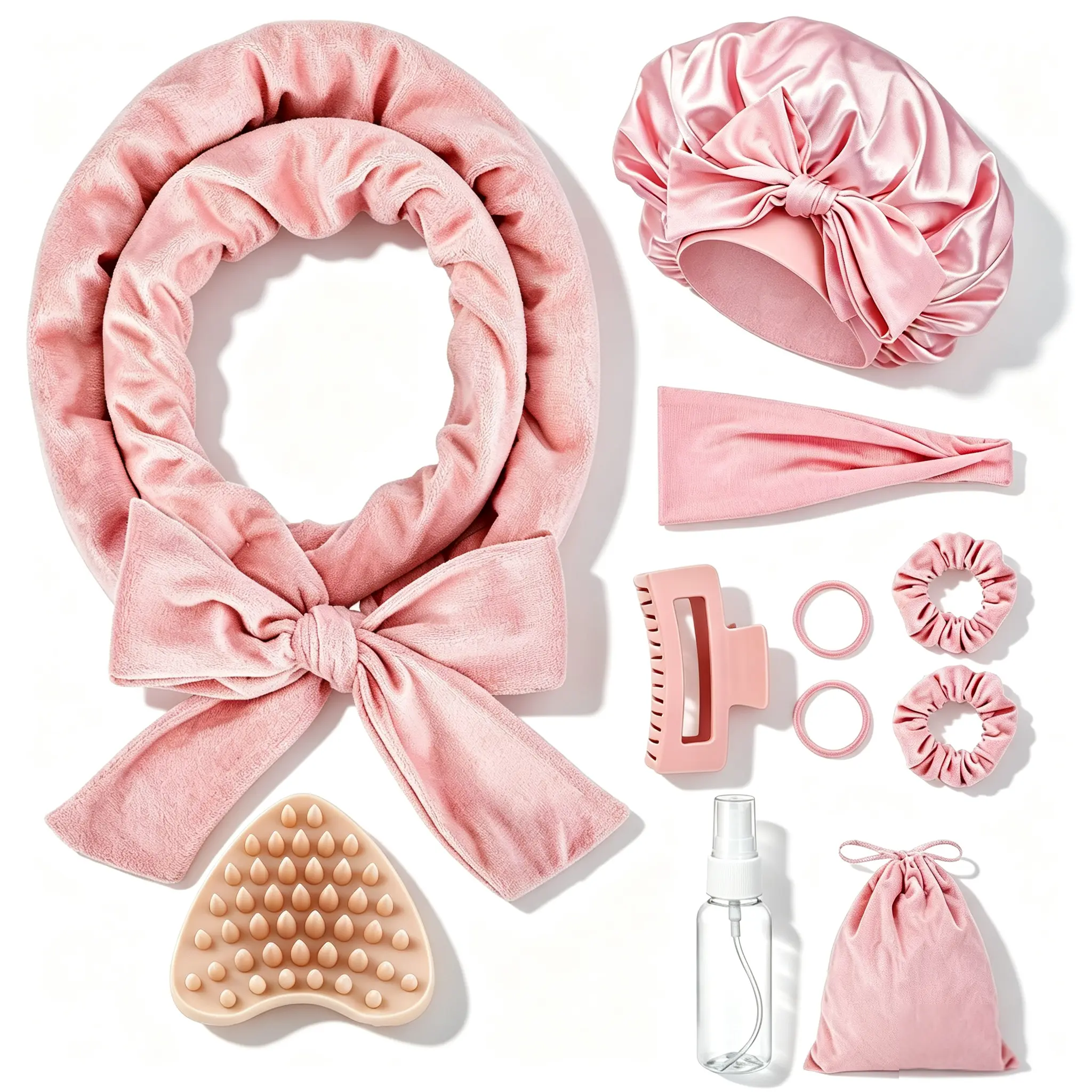 Heatless Curls Overnight No Heat Curling Rod with Satin Bonnet, Velvet Hair Curlers to Sleep in Curl Styling Kit for Long Medium Hair, Use with Styling Spray, Comes with Heart Shaped Scalp Massager Shampoo Brush for Scalp Cleansing Care
