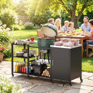 Grill Table for Big Green Egg Grill, Heavy Duty Metal BBQ Prep Table with Stainless Steel Top and Storage Cabinet, Black