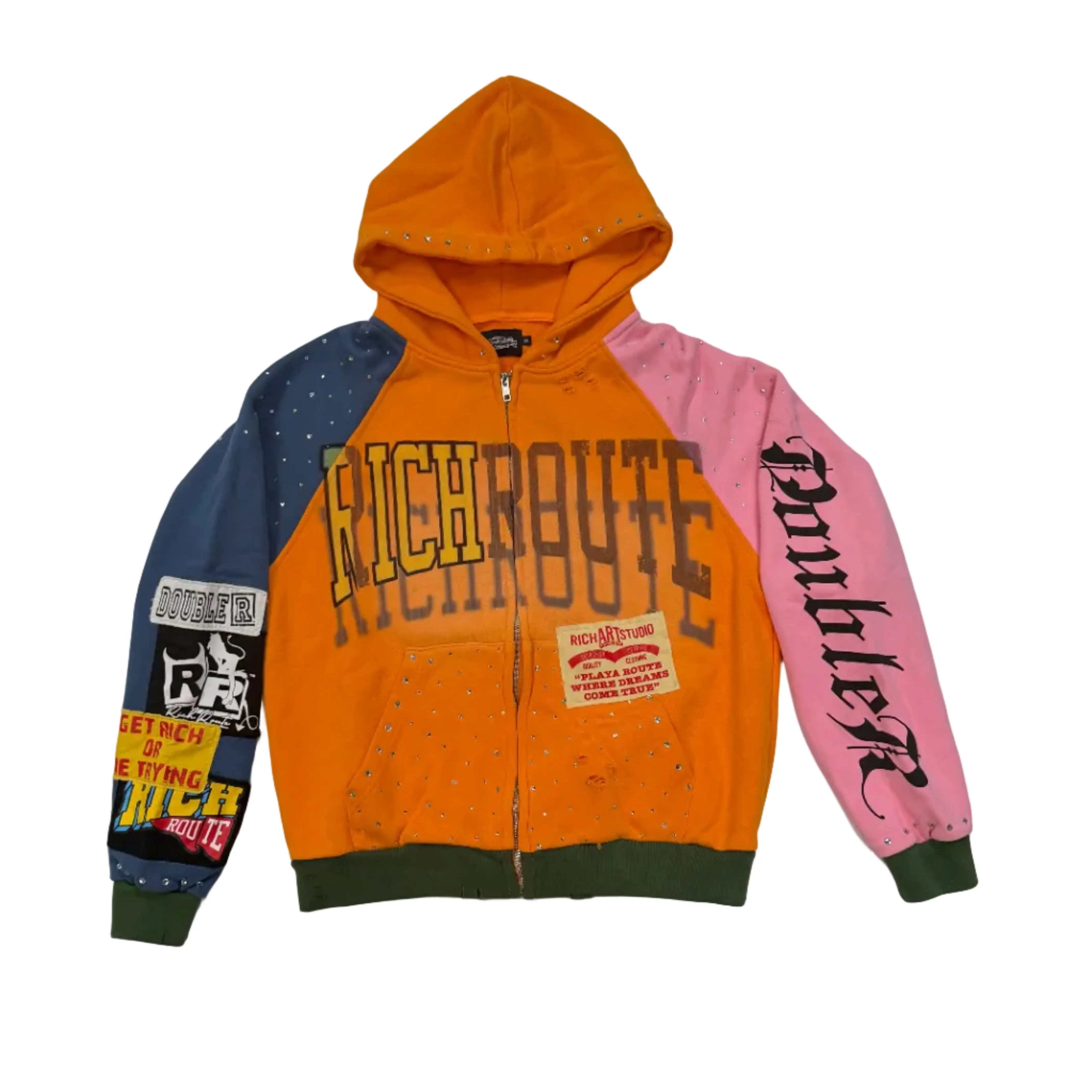 Men's Multi-Color Patchwork Zip-Up Hoodie, Ribbed Hem, Graphic Design, Cotton Fabric