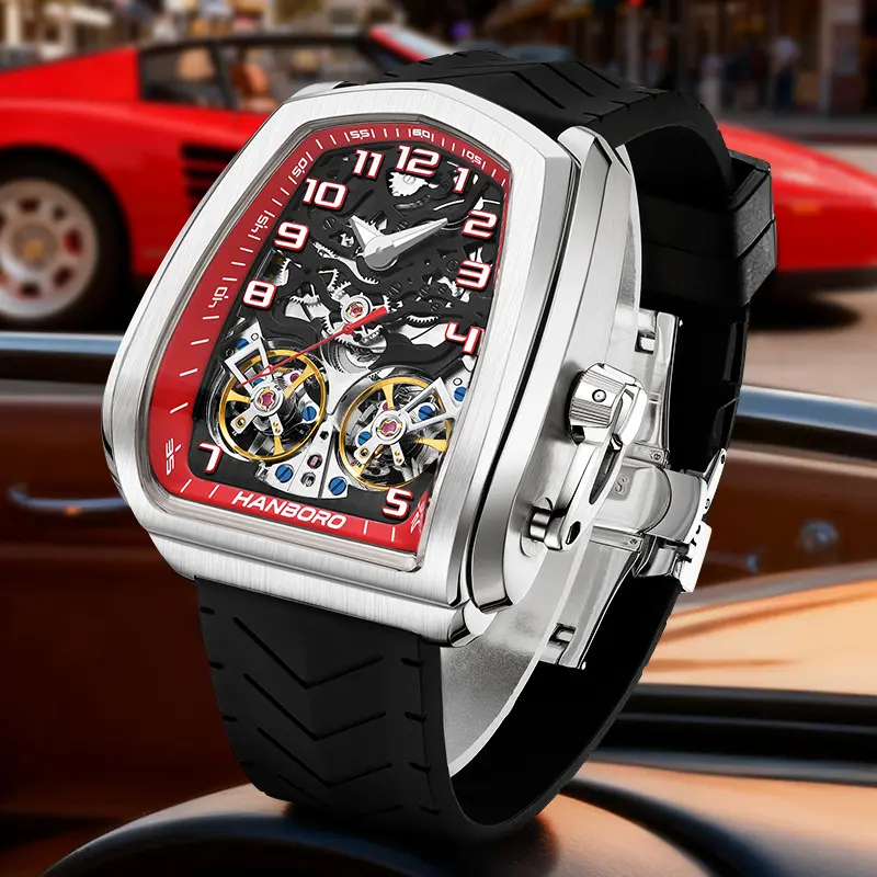 Luxury Dual Tourbillon Skeleton Mens Watch Red Racing Bezel Sports Automatic Mechanical Wristwatch