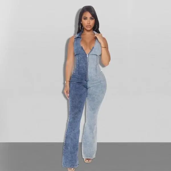 Jenny from the Block Two Toned Women's Zipper Jumpsuit Party Jumper Overall Perfect for Summer Wear Denim Style
