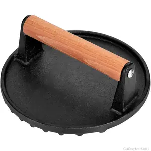 Smashed Burger Press, 7" Round Heavy-Duty Cast Iron Smash Meat Steak with Wooden Handle for Blackstone Griddle,  and Crispy Burgers for BBQs, CookoutsC31EasyWearStudio
