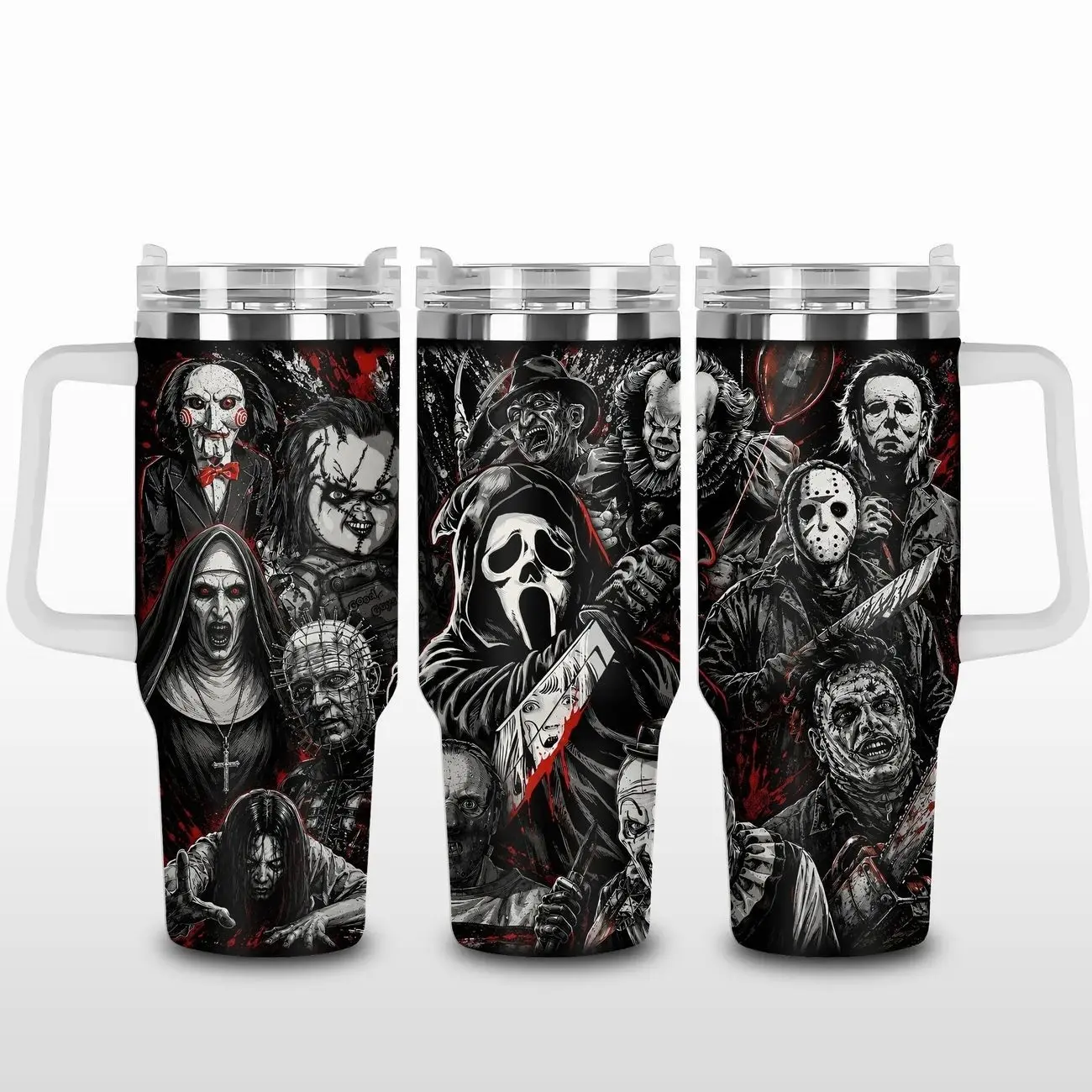Horror Villains Inspired Halloween Tumbler with Handle, Scary Movie Slasher Character Travel Cup 40oz/ 30oz/20oz Tumbler, Nightmare Coffee 40oz Tumbler
