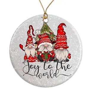 Christmas Gnomes Ornament - Festive Tree Decor - Joy to the World Gift - Unique Xmas Decoration - Holiday Gnome Figurine Ceramic Ornament - 3 Inch Christmas Tree Round Ornament - Xmas Holiday Decor - String Included - ORNW0279