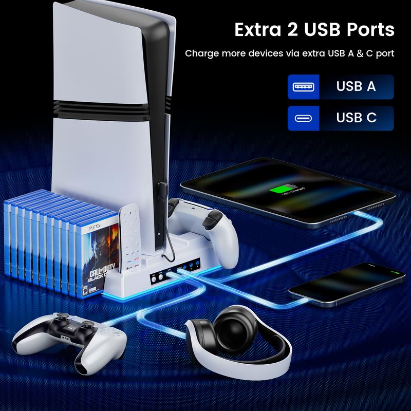 ESYWEN PS5 Pro/Slim/PS5 Stand and Cooling Station with Controller Charging Dock for Playstation 5 Disc Digital, PS5 Accessories Kit Incl. 3 Levels 2.36in Cooling Fan, 11 Game Slot, USB, LED, Headset Holder