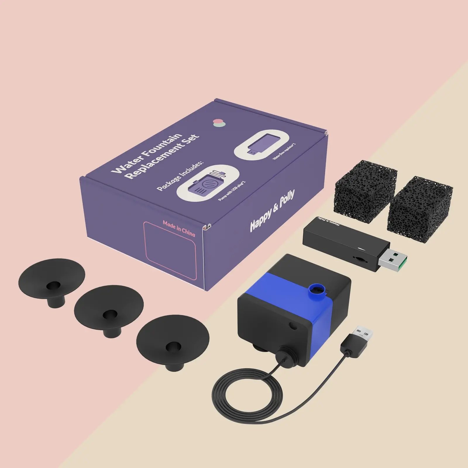 Happy & Polly Ceramic Water Fountain Pump Replacement Set - Adjustable Automatic Water Pump Fountains Component, Automatic Safety, Continuous Fresh Flow, Premium Build, Dust-Proof Top Cover, Carbon Filter*2, Easy-Clean Design