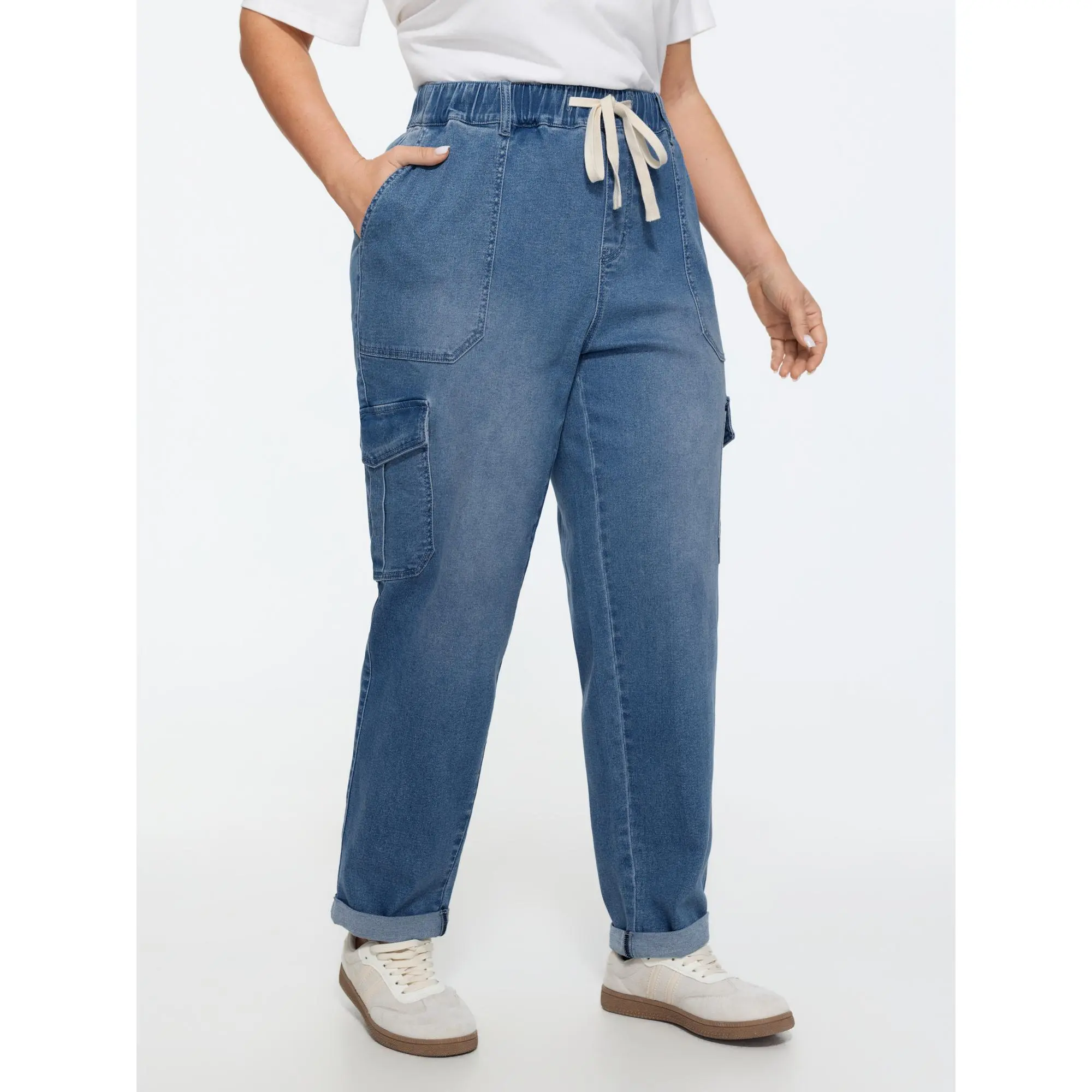 BloomChic Women's Plus Size Basic Denim Pants, Stretchy Cotton-Spandex Regular Length Jeans with Smocked Elastic Waist, Patch & Garment Pockets, Casual Wear, M-6X, Cold Machine Wash, Do Not Tumble Dry