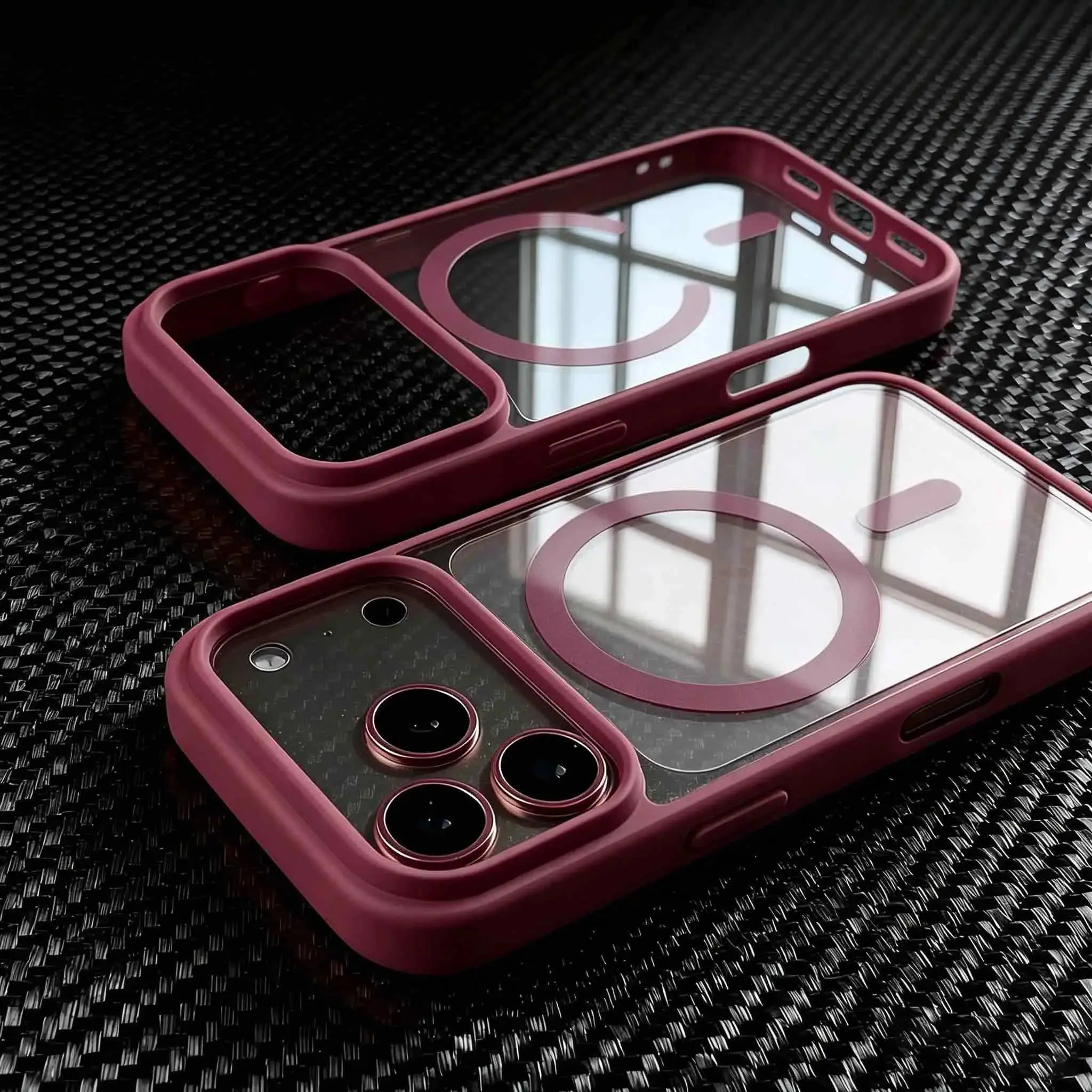 Clear magnetic phone case, new burgundy color, compatible with iPhone 18 Pro Max, 17, 16, 15, 14, 13, 12, 11. Supports MagSafe and wireless charging.