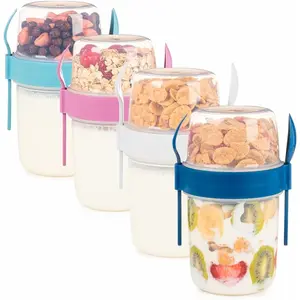 4 Pack  22 oz Breakfast Cups with Lids and Spoon, Reusable Cereal Yogurt Cup with Topping Plastic Overnight Oats Container for Granola Oatmeal (22 oz - 4 Pack)