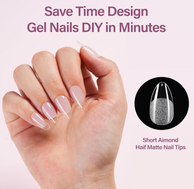 Misssix Short Almond Gel Nail Tips Kit, 216Pcs Pre Etched Clear Fake Nails, Full Cover False Nail 9-in-1 Gel Glue and Portable Mini U V Nail Lamp for Women 12 Sizes