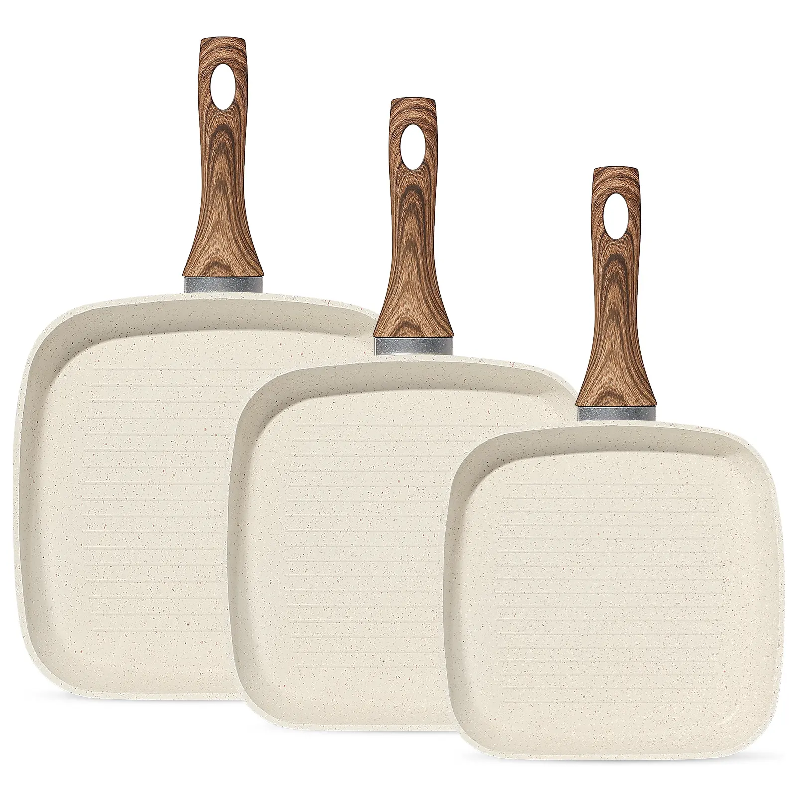 3-Piece Square Nonstick Grill Pan Cookware Set, PFOA-Free Material Skillets with Stay-Cool Handles, 9.5" 10" 11" Sizes, Compatible with All Stovetops for Indoor, Outdoor RV Camping Cooking