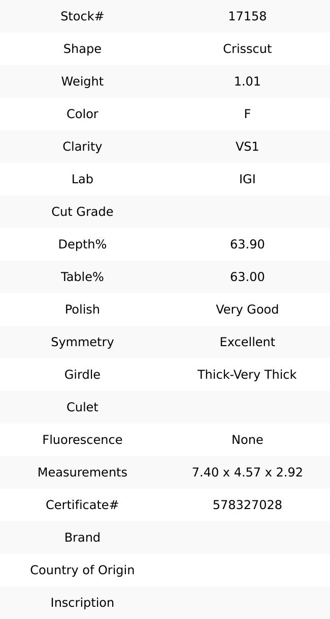 1.01 ct F VS1 Crisscut – IGI Certified